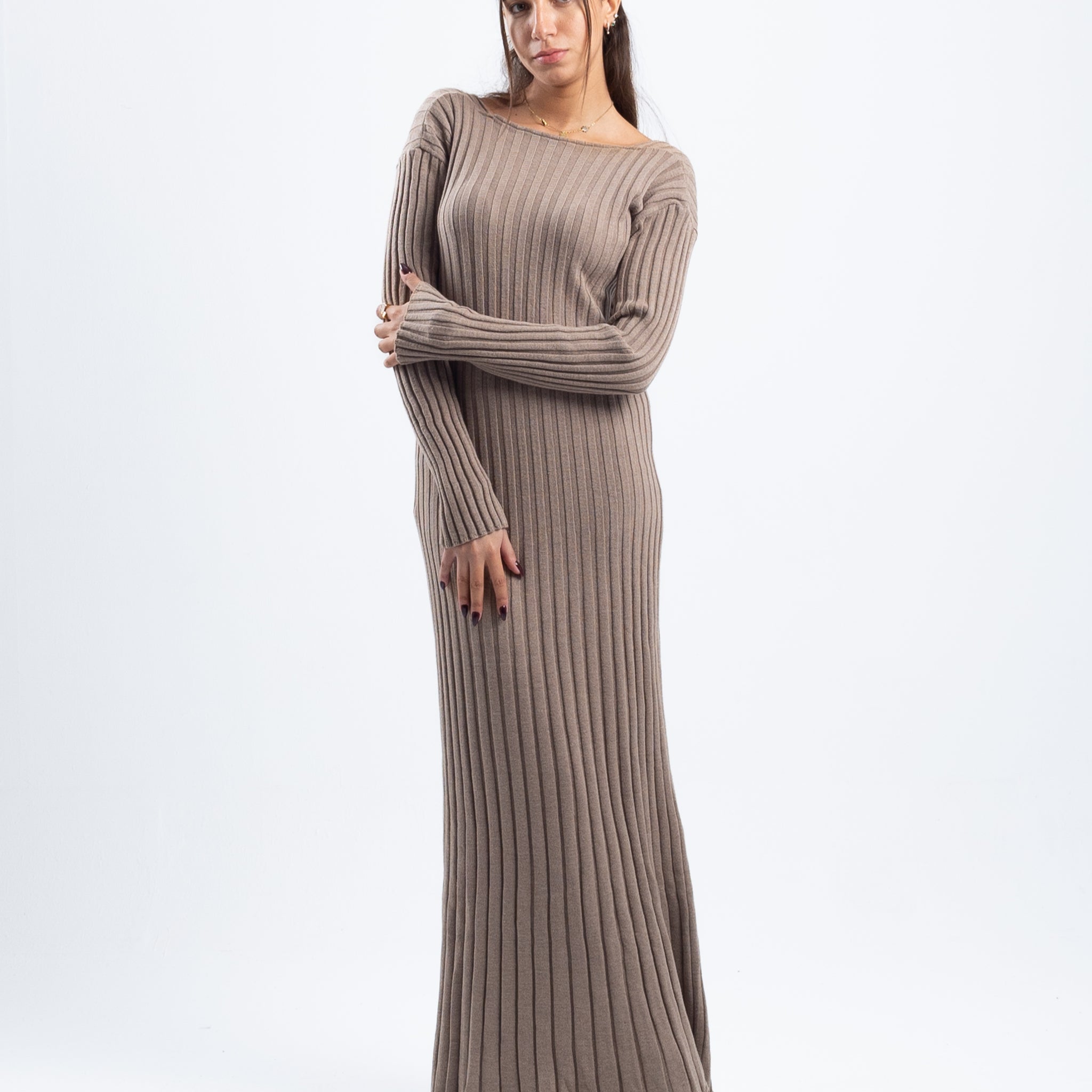 BEIGE RIBBED LONG DRESS