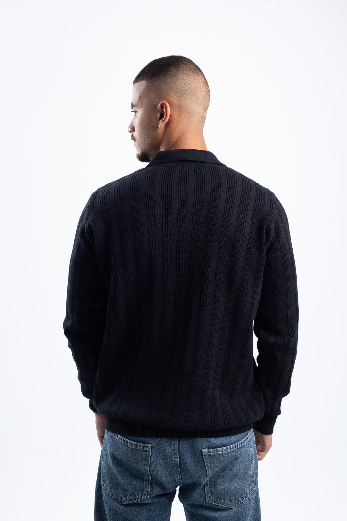 BLACK KNITTED LONG SLEEVE POLO