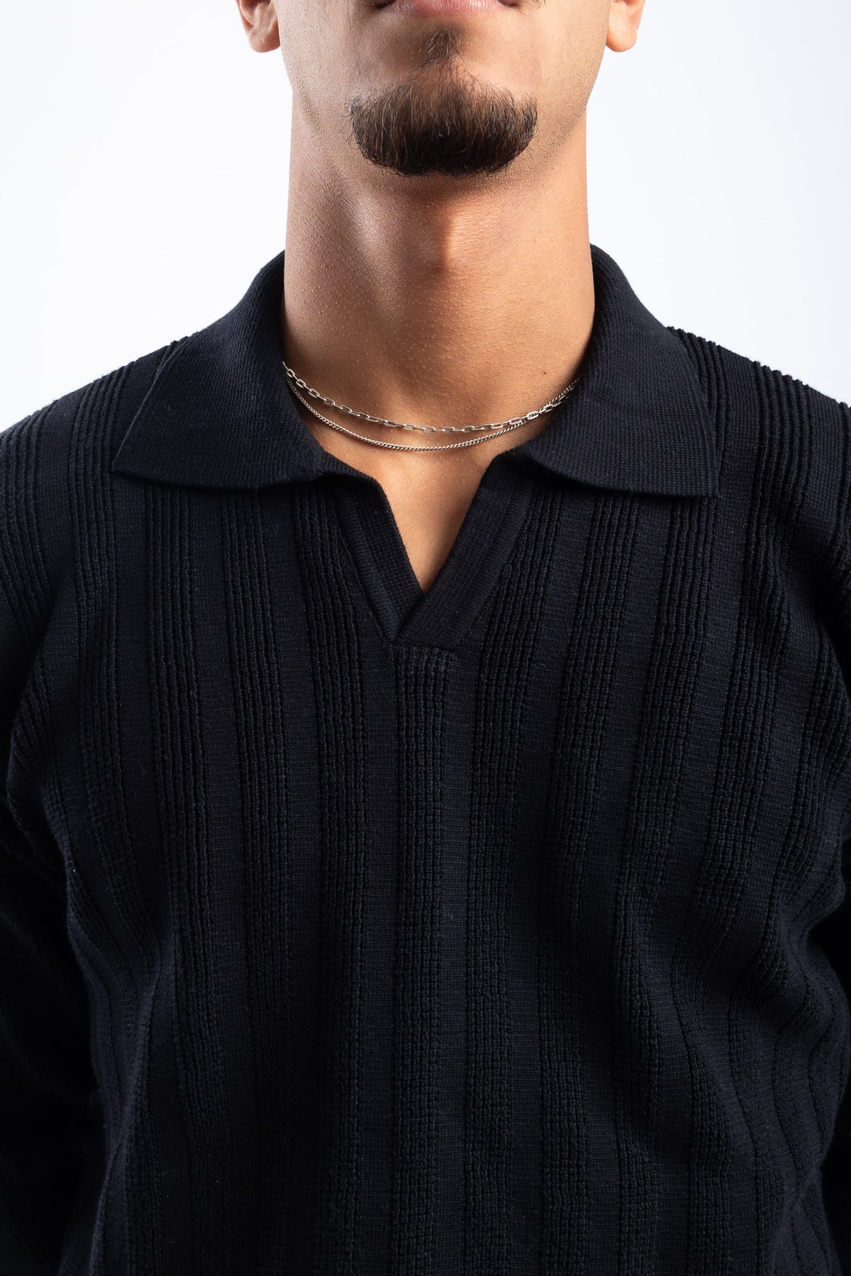 BLACK KNITTED LONG SLEEVE POLO