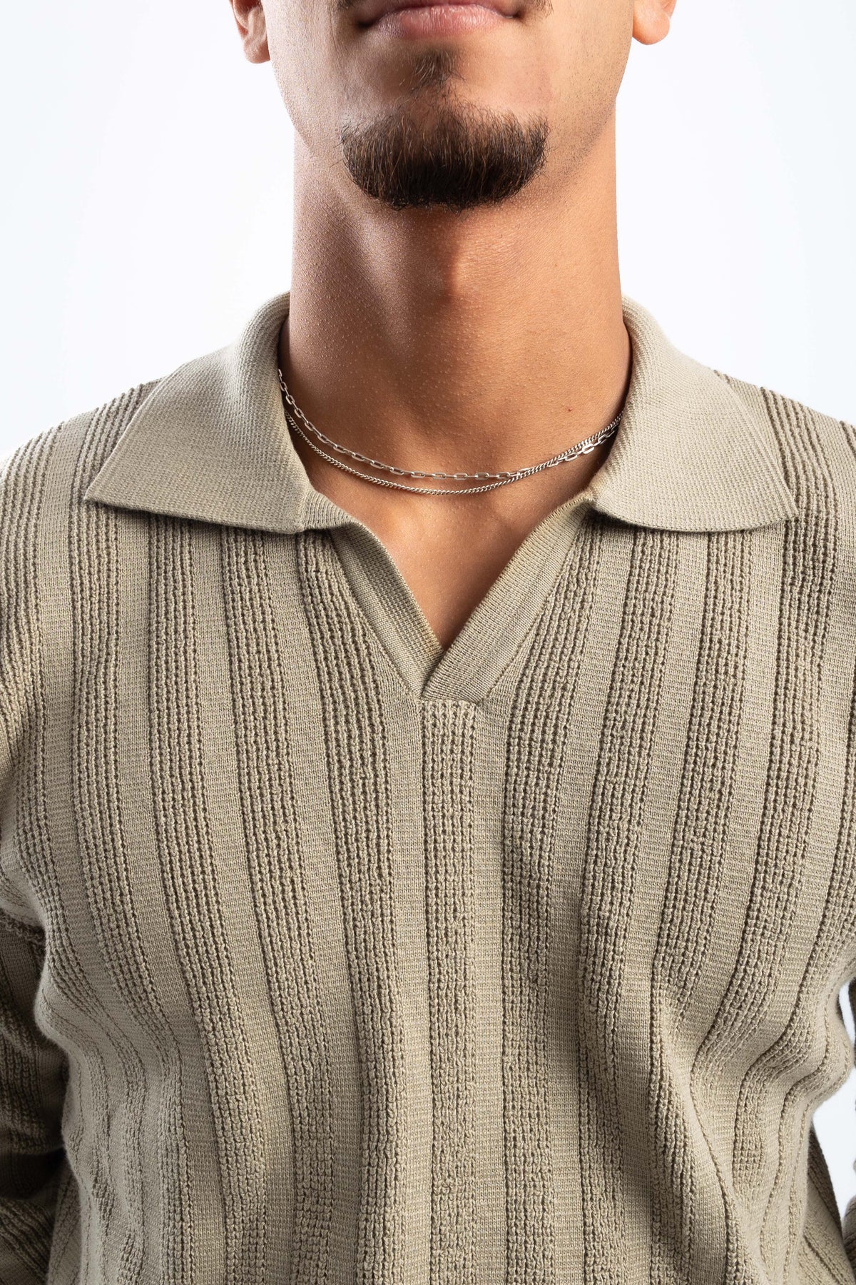 KHAKI KNITTED LONG SLEEVE POLO