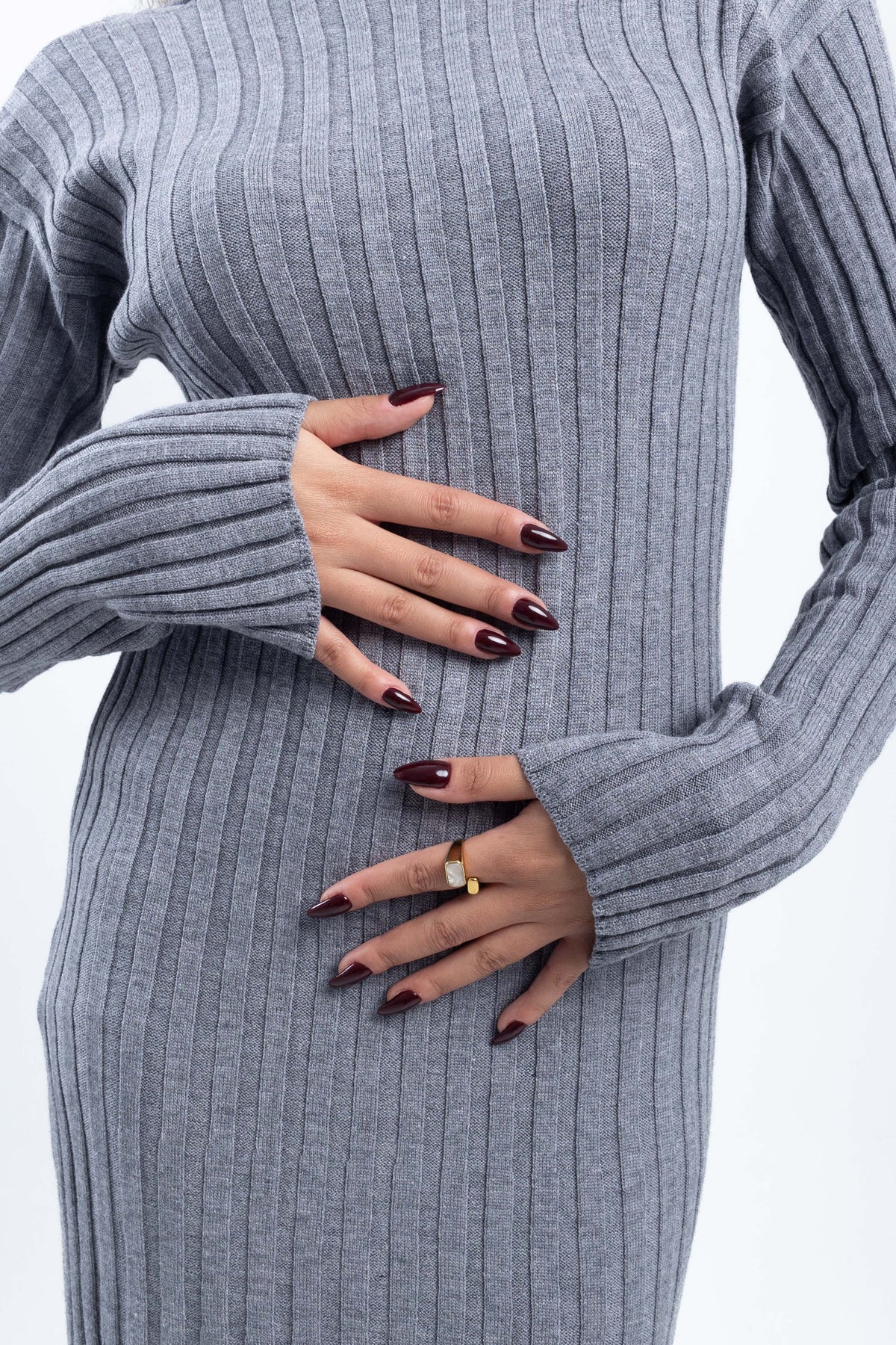 GREY RIBBED LONG DRESS